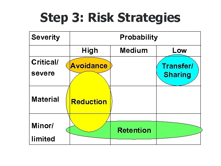 Step 3: Risk Strategies Severity Probability High Critical/ Avoidance severe Medium Material Reduction Minor/