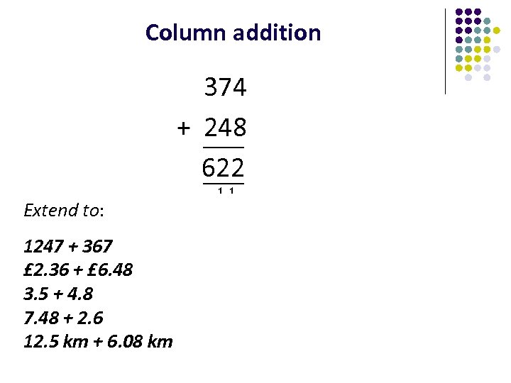 Column addition 374 + 248 622 1 1 Extend to: 1247 + 367 £