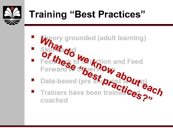 Training “Best Practices” § § § Theory Wh grounded (adult learning) at d Skill-based