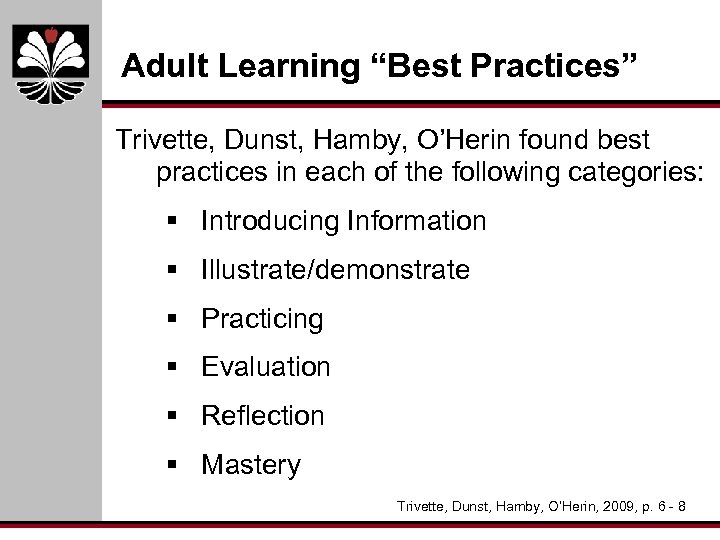 Adult Learning “Best Practices” Trivette, Dunst, Hamby, O’Herin found best practices in each of