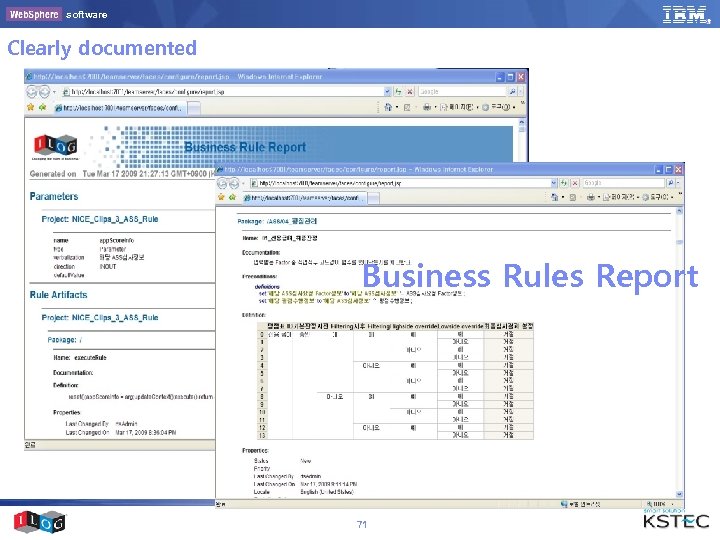 software Clearly documented § Les business rules reports Business Rules Report 71 