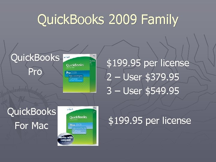Quick. Books 2009 Family Quick. Books Pro Quick. Books For Mac $199. 95 per