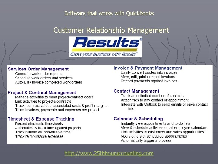 Software that works with Quickbooks Customer Relationship Management http: //www. 25 thhouraccounting. com 