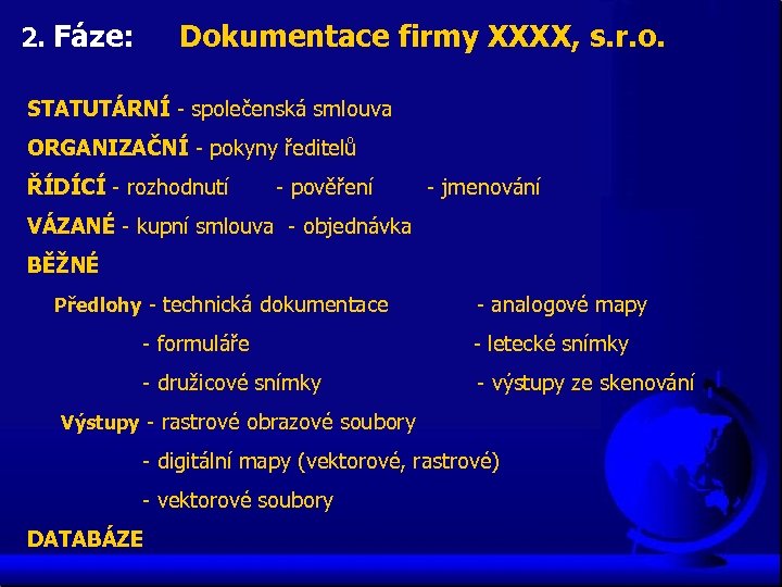 2. Fáze: Dokumentace firmy XXXX, s. r. o. STATUTÁRNÍ - společenská smlouva ORGANIZAČNÍ -