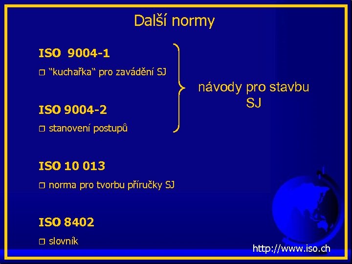 Další normy ISO 9004 -1 r “kuchařka“ pro zavádění SJ ISO 9004 -2 návody