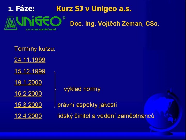 1. Fáze: Kurz SJ v Unigeo a. s. Doc. Ing. Vojtěch Zeman, CSc. Termíny