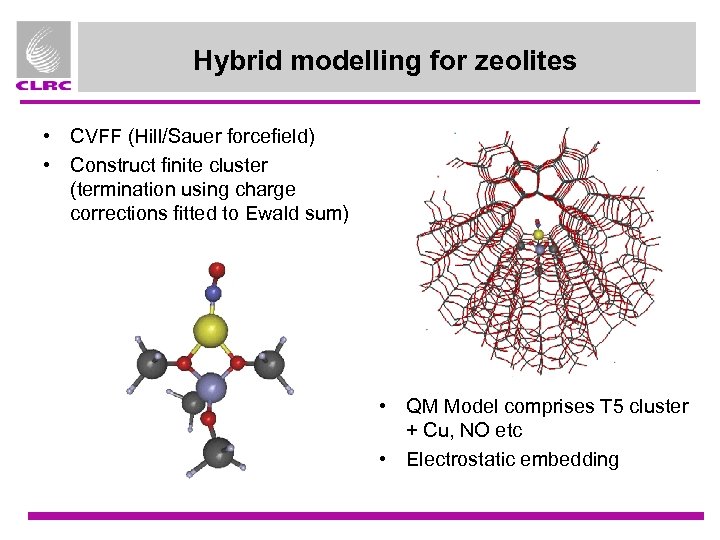 Hybrid modelling for zeolites • CVFF (Hill/Sauer forcefield) • Construct finite cluster (termination using