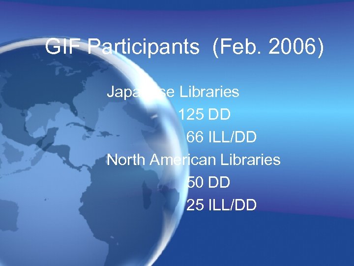 GIF Participants (Feb. 2006) Japanese Libraries 125 DD 66 ILL/DD North American Libraries 50