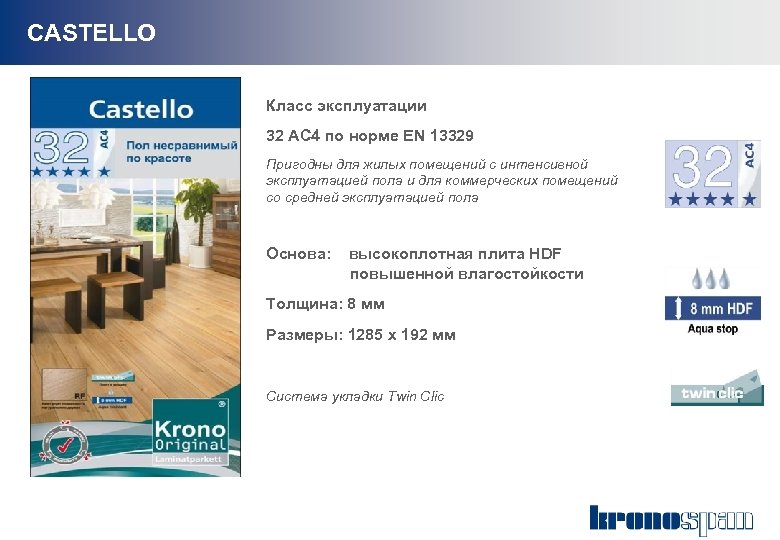 CASTELLO Класс эксплуатации 32 АС 4 по норме EN 13329 Пригодны для жилых помещений