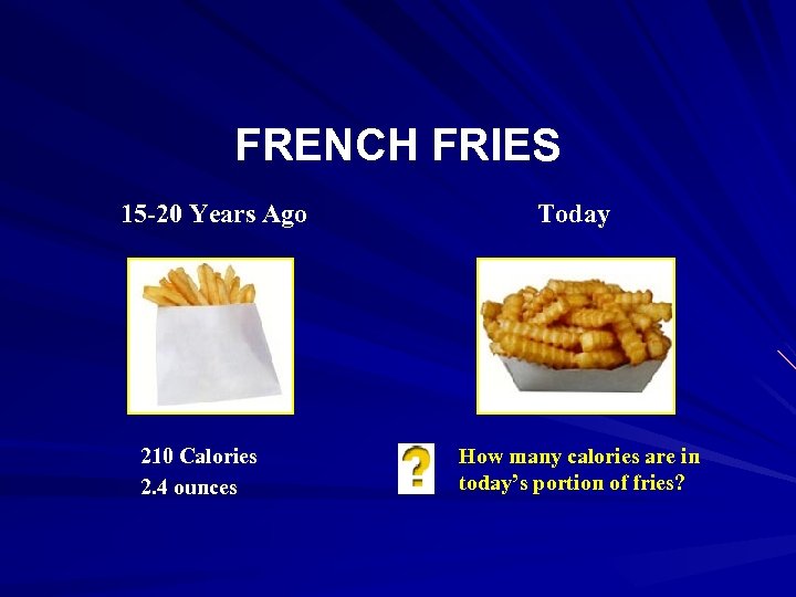 FRENCH FRIES 15 -20 Years Ago 210 Calories 2. 4 ounces Today How many