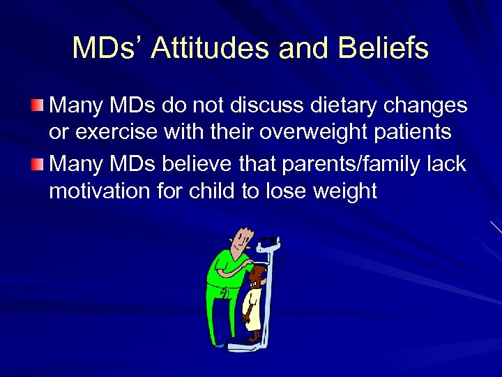 MDs’ Attitudes and Beliefs Many MDs do not discuss dietary changes or exercise with