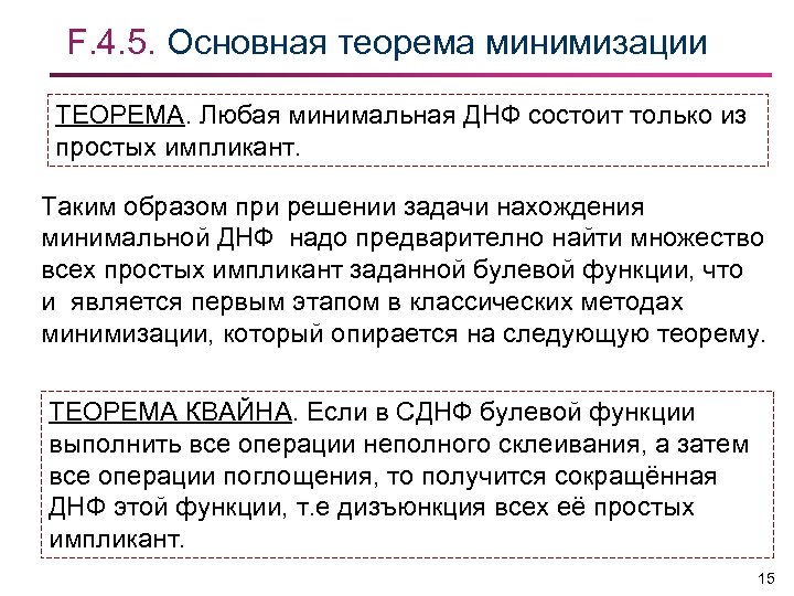 F. 4. 5. Основная теорема минимизации ТЕОРЕМА. Любая минимальная ДНФ состоит только из простых