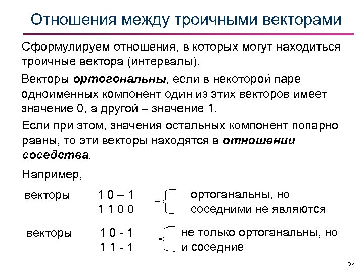 Отношения между троичными векторами Сформулируем отношения, в которых могут находиться троичные вектора (интервалы). Векторы