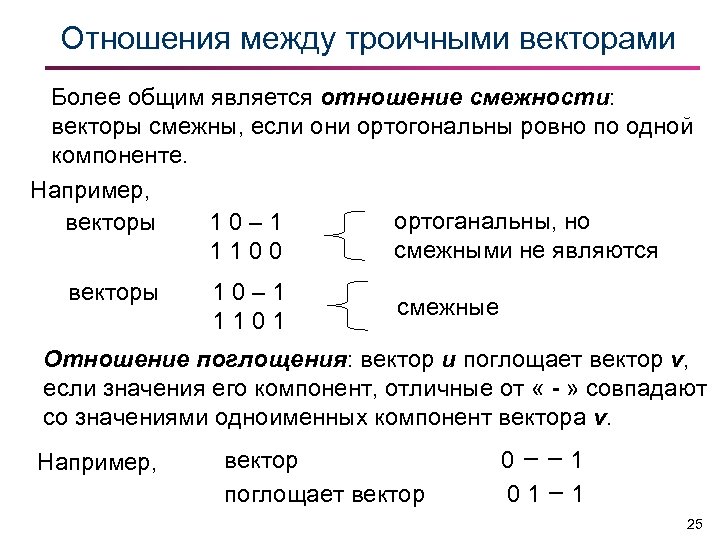 Отношения между троичными векторами Более общим является отношение смежности: векторы смежны, если они ортогональны