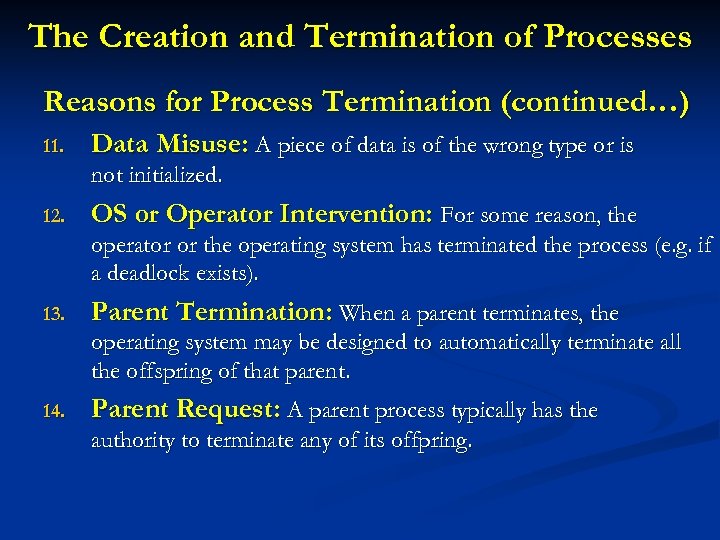 The Creation and Termination of Processes Reasons for Process Termination (continued…) 11. Data Misuse: