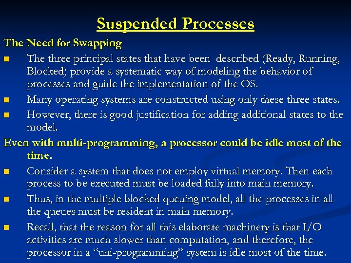 Suspended Processes The Need for Swapping n The three principal states that have been