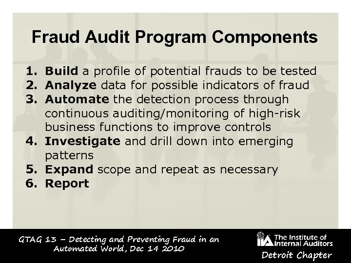 Fraud Audit Program Components 1. Build a profile of potential frauds to be tested