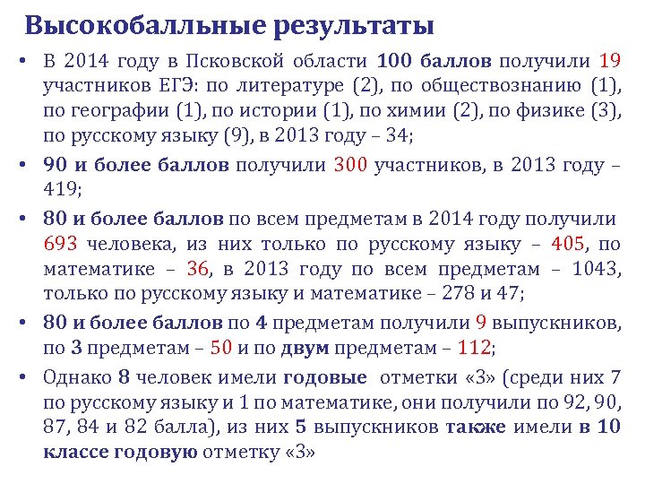 Высокобалльные результаты • В 2014 году в Псковской области 100 баллов получили 19 участников