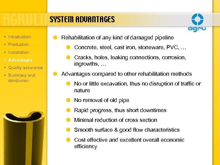 SYSTEM ADVANTAGES • Introduction • Production • Installation • Advantages • Quality assurance •