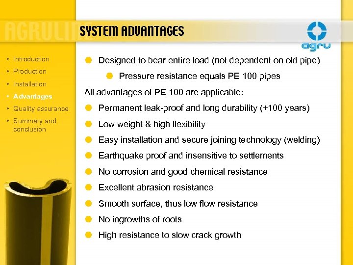 SYSTEM ADVANTAGES • Introduction • Production • Installation Designed to bear entire load (not