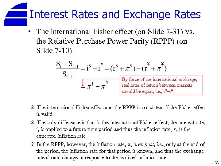 Interest Rates and Exchange Rates • The international Fisher effect (on Slide 7 -31)