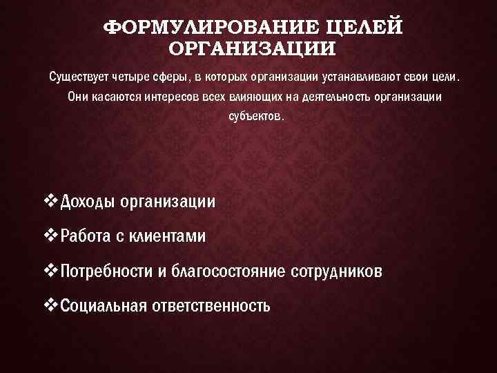 ФОРМУЛИРОВАНИЕ ЦЕЛЕЙ ОРГАНИЗАЦИИ Существует четыре сферы, в которых организации устанавливают свои цели. Они касаются
