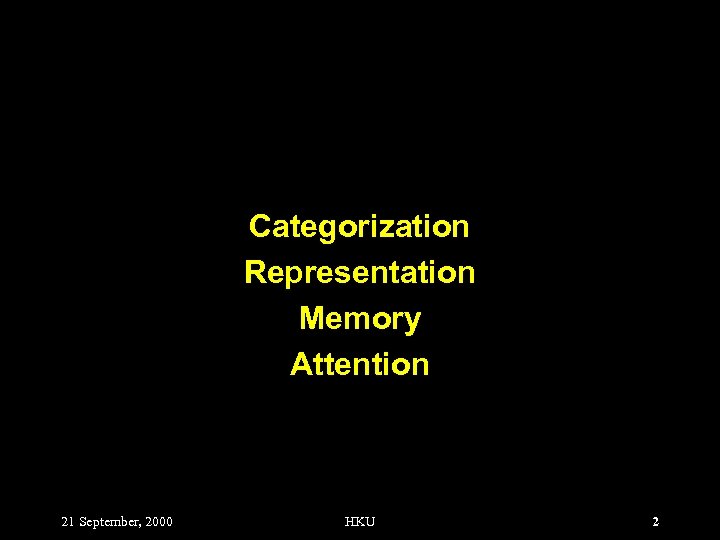 Categorization Representation Memory Attention 21 September, 2000 HKU 2 
