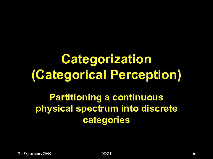 Categorization (Categorical Perception) Partitioning a continuous physical spectrum into discrete categories 21 September, 2000