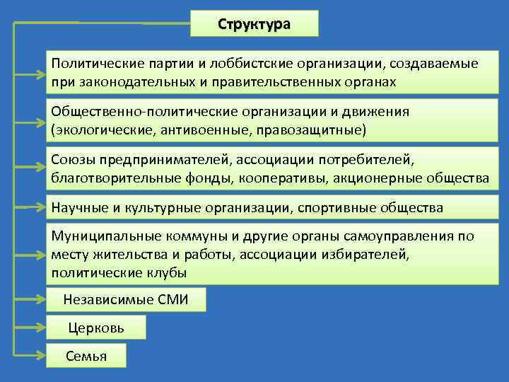 Структура Политические партии и лоббистские организации, создаваемые при законодательных и правительственных органах Общественно-политические организации