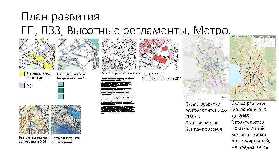 План развития ГП, ПЗЗ, Высотные регламенты, Метро. Ликвидируемое производство Рекреационные зоны Генеральный план СПБ