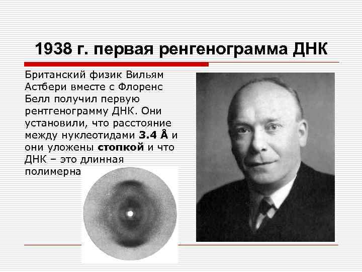 1938 г. первая ренгенограмма ДНК Британский физик Вильям Астбери вместе с Флоренс Белл получил