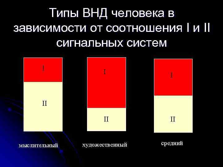 Типы ВНД человека в зависимости от соотношения I и II сигнальных систем I II