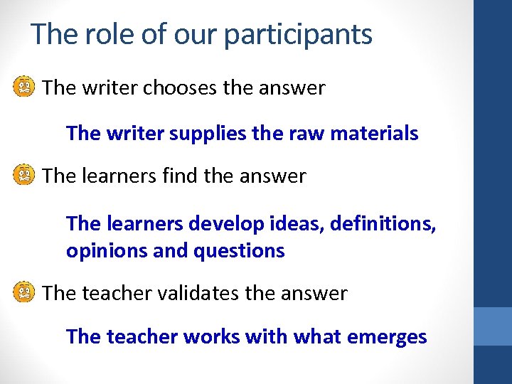 The role of our participants The writer chooses the answer The writer supplies the