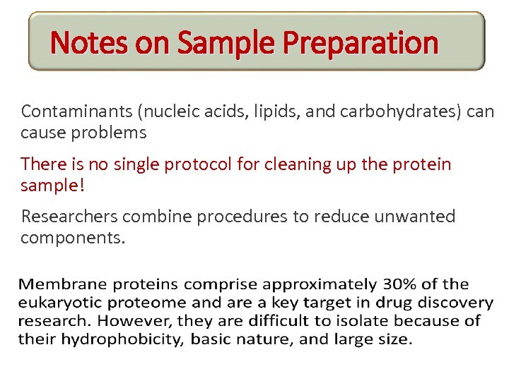 Notes on Sample Preparation Contaminants (nucleic acids, lipids, and carbohydrates) can cause problems There