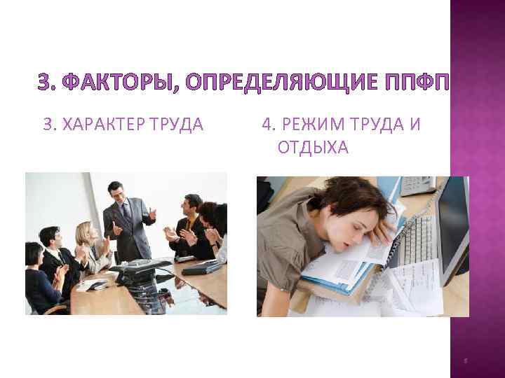 3. ФАКТОРЫ, ОПРЕДЕЛЯЮЩИЕ ППФП 3. ХАРАКТЕР ТРУДА 4. РЕЖИМ ТРУДА И ОТДЫХА 8 