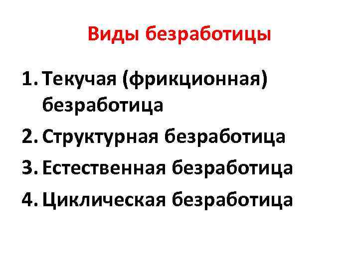 Виды безработицы 1. Текучая (фрикционная) безработица 2. Структурная безработица 3. Естественная безработица 4. Циклическая