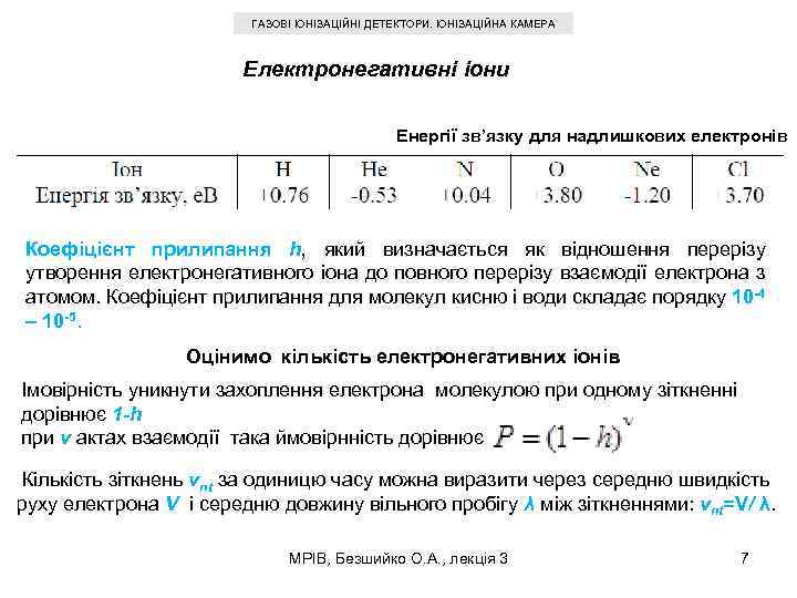 ГАЗОВІ ІОНІЗАЦІЙНІ ДЕТЕКТОРИ. ІОНІЗАЦІЙНА КАМЕРА Електронегативні іони Енергії зв’язку для надлишкових електронів Коефіцієнт прилипання