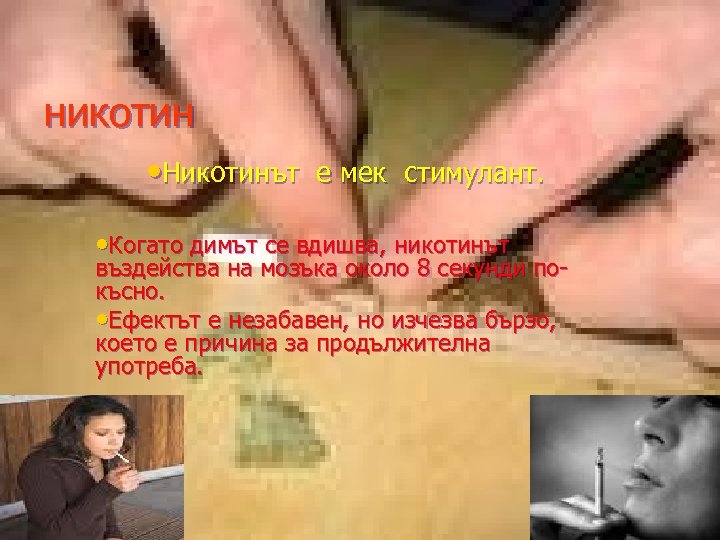 никотин • Никотинът е мек стимулант. • Когато димът се вдишва, никотинът въздейства на