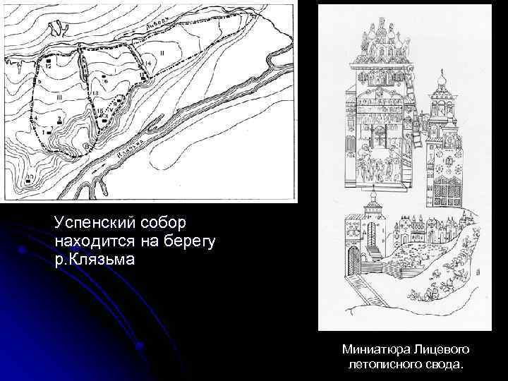 Успенский собор находится на берегу р. Клязьма Миниатюра Лицевого летописного свода. 