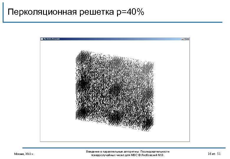 Перколяционная решетка p=40% Москва, 2012 г. Введение в параллельные алгоритмы: Последовательности псевдослучайных чисел для
