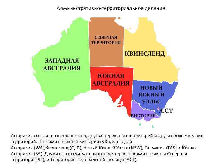 Административно-территориальное деление Австралия состоит из шести штатов, двух материковых территорий и других более мелких