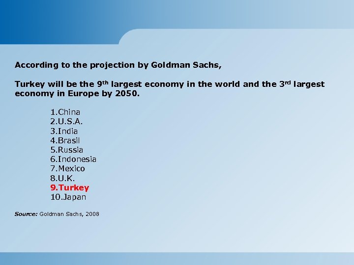 According to the projection by Goldman Sachs, Turkey will be the 9 th largest