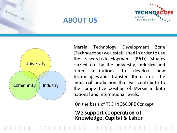ABOUT US University Community Industry Mersin Technology Development Zone (Technoscope) was established in order