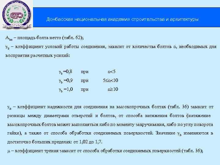  Донбасская национальная академия строительства и архитектуры Аbn – площадь болта нетто (табл. 62);