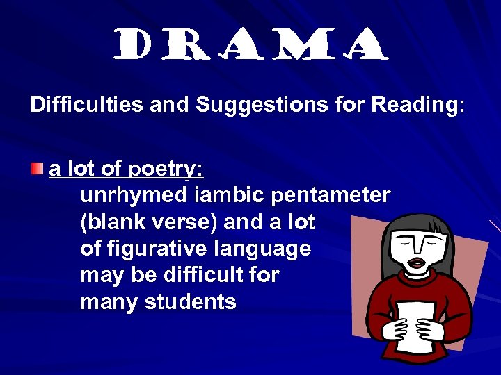 Drama Difficulties and Suggestions for Reading: a lot of poetry: unrhymed iambic pentameter (blank