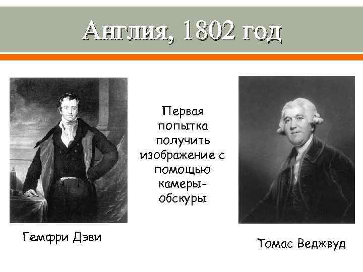 Англия, 1802 год Первая попытка получить изображение с помощью камерыобскуры Гемфри Дэви Томас Веджвуд