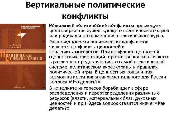 Вертикальные политические конфликты • Режимные политические конфликты преследуют цели свержения существующего политического строя или