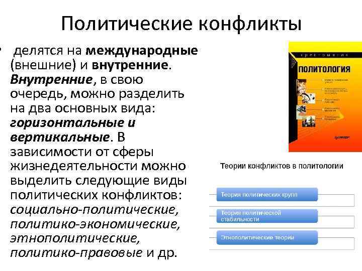 Политические конфликты • делятся на международные (внешние) и внутренние. Внутренние, в свою очередь, можно