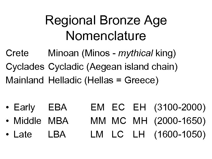 Regional Bronze Age Nomenclature Crete Minoan (Minos - mythical king) Cyclades Cycladic (Aegean island