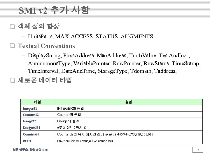 SMI v 2 추가 사항 q 객체 정의 향상 – Units. Parts, MAX-ACCESS, STATUS,